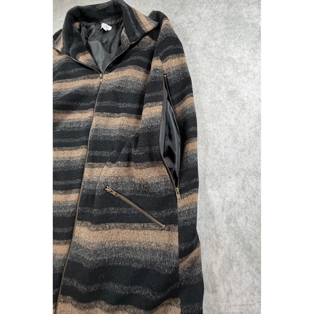 Tobi Womens Medium Poncho Coat Wool Blend Black Tan Gray Striped Full Zip Lined - Picture 5 of 10
